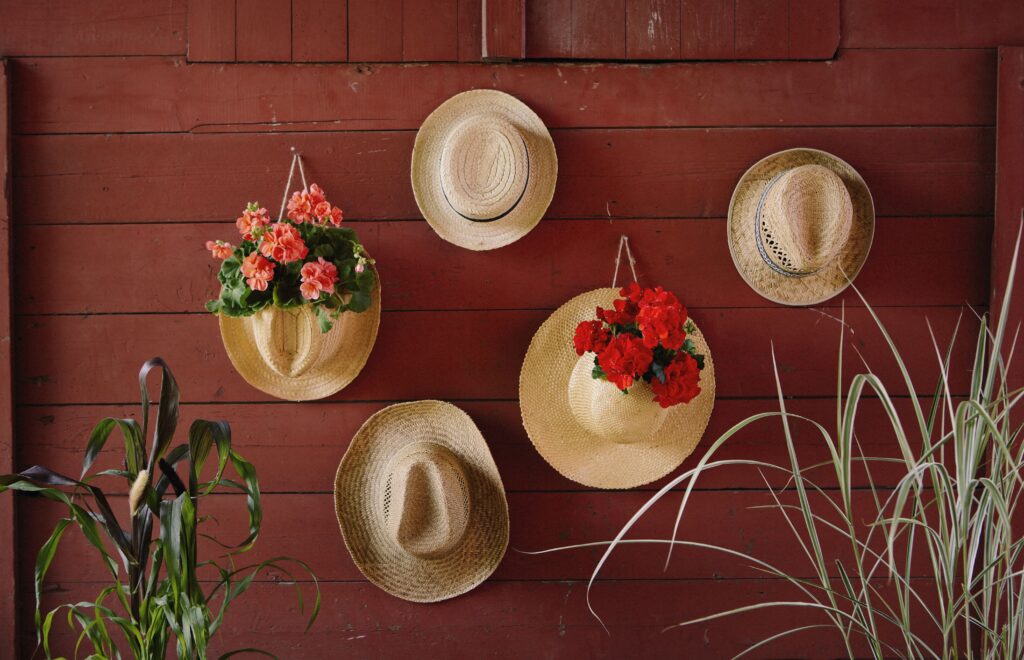 upcycled hats planters geraniums